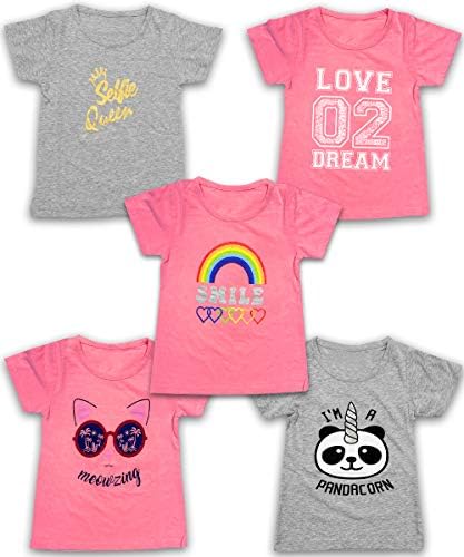 MISS POPULAR Girls 5-Pack Printed T-Shirts, Pink Grey Short Sleeve, Crew Neck. Unicorn, Panda, Selfie, Rainbow. Size 4-16