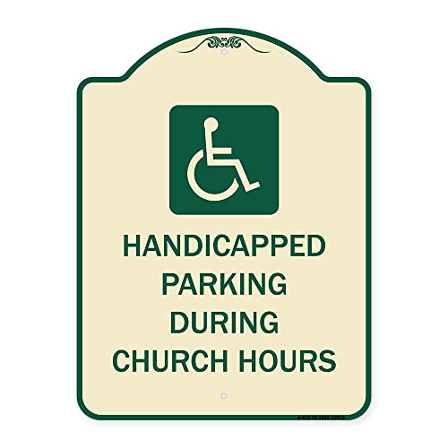 SignMission Designer Series Sign - Handicapped Parking During Church Hours (with Graphic) | Tan & Green 18" x 24" Heavy-Gauge Aluminum Architectural Sign | Made in The USA