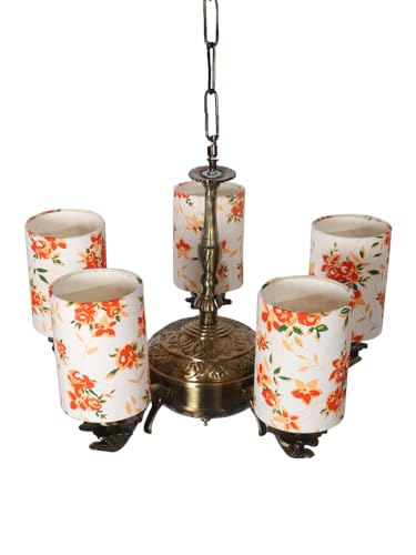 Image of Devansh 05 Lights Printed Round Cotton Shade with Antique Golden Chandelier -D
