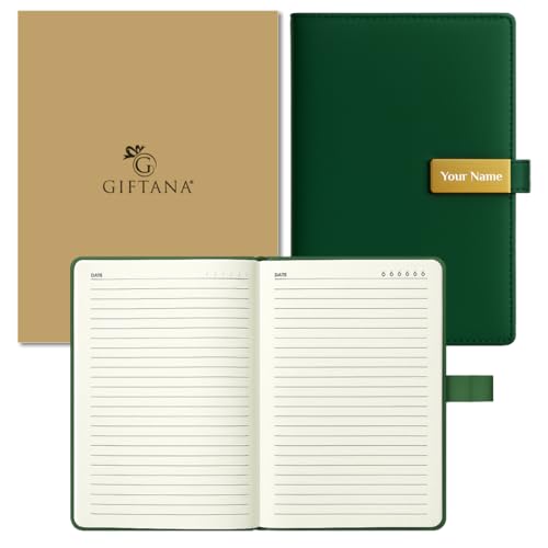 Image of Giftana Personalized Diary with Name, Customized Leather Notebook Diary with Magnetic Flip Lock, A5 Size, 192 Ruled Pages Office Diaries for Writing, New Year Corporate Gifts for Employee (Green)
