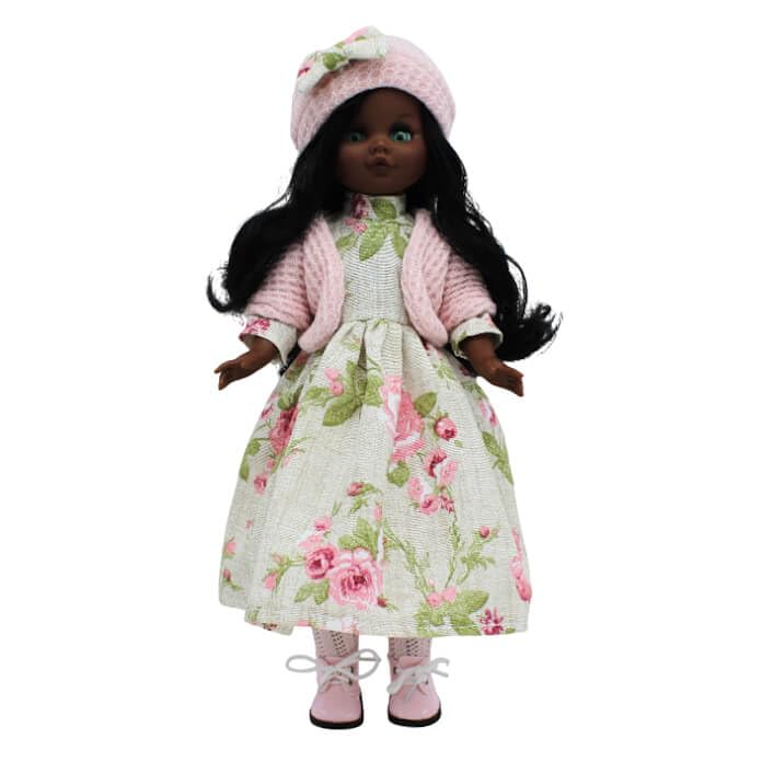 FOLK Muñeca Sintra Original Artesanía 40 cm. mulata Vestido Chaqueta Lana Rosa y Gorro. Fabricada en España.