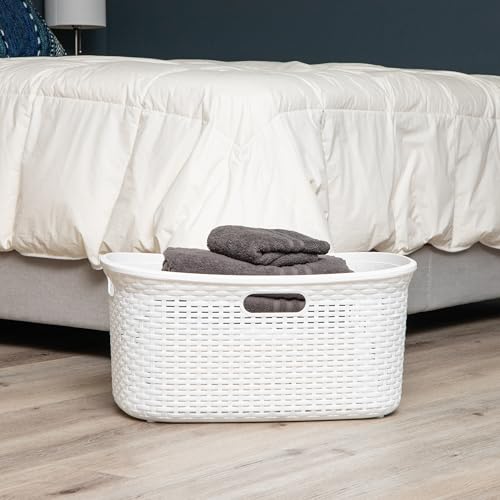 Mind Reader 40L Laundry Basket, Clothes Hamper, Wicker Design, Plastic, 23"L x 14.5"W x 11"H, Set of 2, White