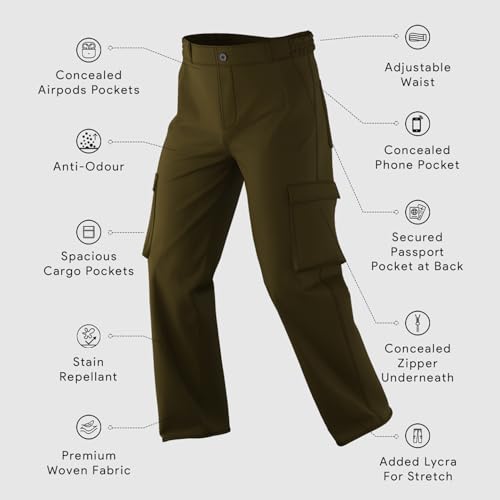 Image of NOBERO Men's Straight Fit Mid Rise Wanderer Travel Cargo Pants | Multiple Pockets | | Lowers for | Casual Wear | Sports | Gym | Trek | Lowers