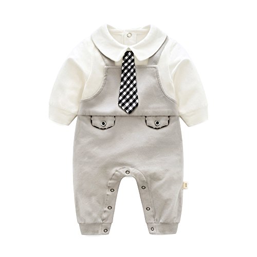 Ding-dong Baby Boy Long Sleeve Cotton Gentleman Necktie Plaid Romper One-Piece(Grey, 18-24M)