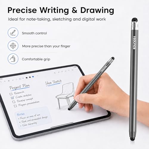 Image of Sounce 2-in-1 Stylus Pen for All Touch Screen Devices - Fine Point Tip, High Sensitivity Capacitive Pen | Compatible with iOS, Android, Windows Tablets, iPad & Smartphones - Aluminum, (Grey)