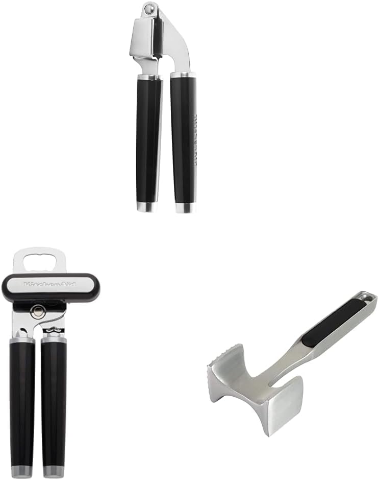 KitchenAid Classic Garlic Press, One Size, Black & Classic Multifunction Can Opener/Bottle Opener & Gourmet Multi Sided Meat Tenderizer