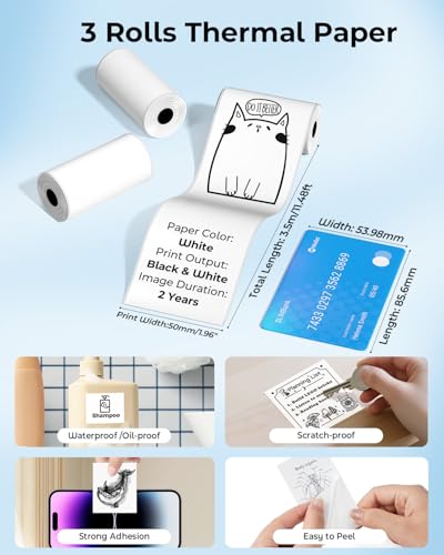 Memoking T02 Papier, Weißes Selbstklebendes Thermopapier Kompatibel mit T02/Q02E/M02L/M02X Mini Drucker, 2 Jahre Klebrig 50mm x 3,5m Aufkleberpapier für Fotos,Studiennotizen,Journal und mehr, 3 Rollen