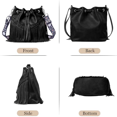 Image of Sunwel Fashion Women Bucket Fringe Hobo Bag Western Purse Vegan Leather Tassel Hippie Shoulder Crossbody Bag