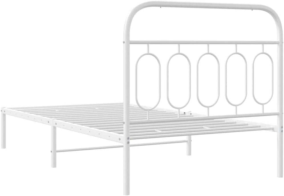 White Steel Twin Bed Frame Sturdy Platform with headboard, Modern Minimalist Rectangular Design, Easy-Assembly Foundation for Bedroom Storage and Mattress Support