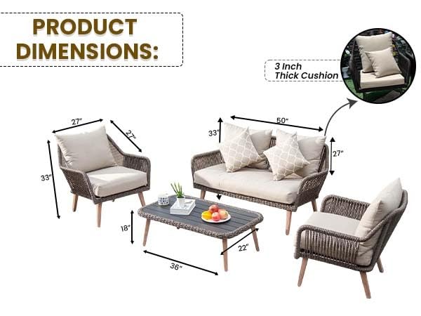 Image of LOCCUS 4-Piece Outdoor Rope Patio Furniture Set - All-Weather Waterproof Conversation Set with Cushions, Modern Woven Bistro Set for Balcony, Lawn, Garden, or Terrace (Brown & Beige)