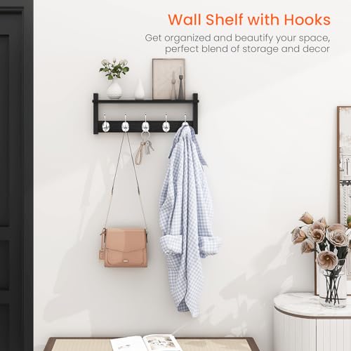 Image of Homode Wall Coat Rack With Shelf, Wood Entryway Hanger With Hooks, Small Floating Pegs for Hanging Coats, Hats, Purses, Backpacks, Black