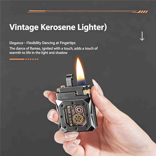 Encendedor de queroseno recargable estilo retro con ventana visible y engranajes mecánicos 5