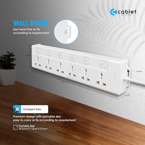 Image of Cablet Extension Board 3 Meter Cable, 2500W 10A, 6 Universal Multi Plug Socket, 6 Individual Switches, 3 Mtr Heavy Duty Cord, LED Indicator, Power Strip for Home Office (6 Socket + 6 Switch, 3 Meter)