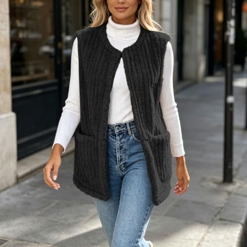 Womens Sherpa Fleece Vest Open Front Longline Pockets Casual Fall Layering - image 3