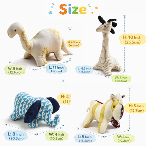 Image of Novo Baby Hand-Sewn Plush Toys - Soft Toy Set for Baby Girl & Boy | Recycled Fabric Stuffed Animal Toys | Eco-Friendly, Artisan-Made Soft Toys for Kids & Toddlers (Pack of 7)