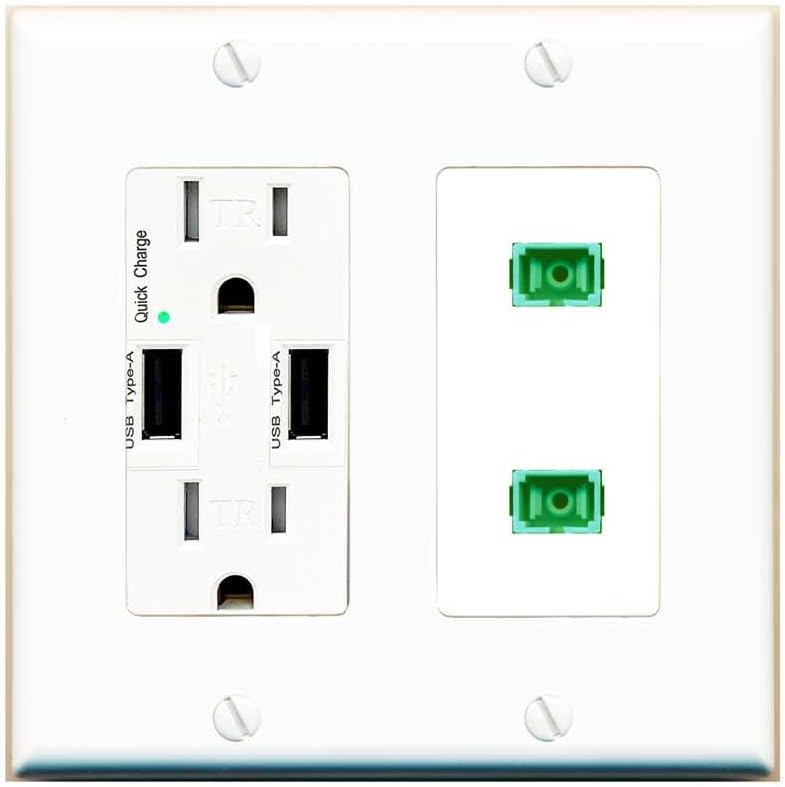 RiteAV 2 Port Fiber Optic Coupler Jack SC Simplex Singlemode APC Wall Plate - USB Charger Outlet [Red/White]