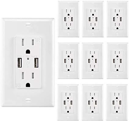 USB Outlet Charger Wall Plate 10Pack, 4.2A High Speed Decora Outlet Receptacle with Dual USB Ports 15A 125V 60Hz Tamper Resistant & Free Faceplate