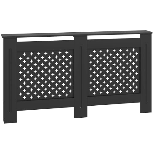 HOMCOM Cubre Radiador de Madera MDF Perforado en Cruz, Cubre Radiador Moderno con Estante para Sala de Estar y Sala de Estar, 152x19x82 cm, Negro