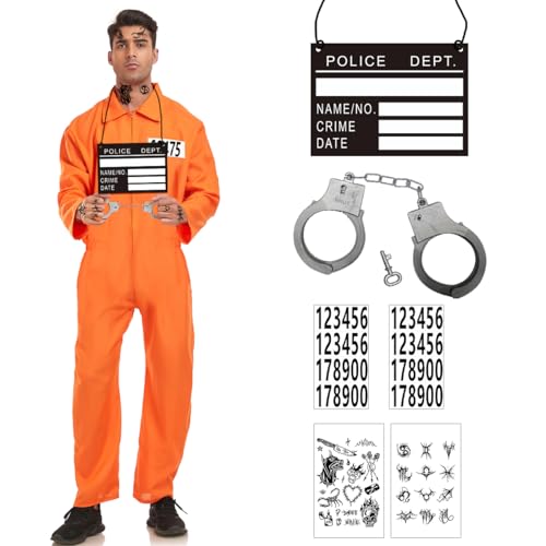 GTJEOI Disfraz de Prisionero, Ropa de Prisión Naranja, Mono Naranja Disfraz Preso Hombre, disfraz de Prisionero para Hombre para Cosplay, Carnaval, Fiesta, Decoración (L)