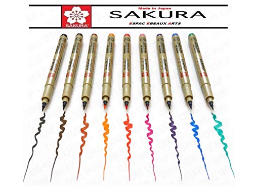 Sakura Pigma Micron - Sakura Pigma Brush pens,Pennello Sakura Pigma Pennello, set di 9 colori