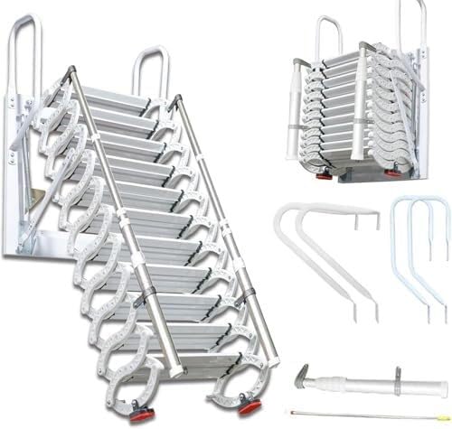 Escalier De Grenier Pliant Mural À 12 Marches,Échelle Télescopique avec Mains Courantes Escaliers Rabattables for La Maison L'intérieur,L'extérieur Et La Maison,Gain De Place(White)