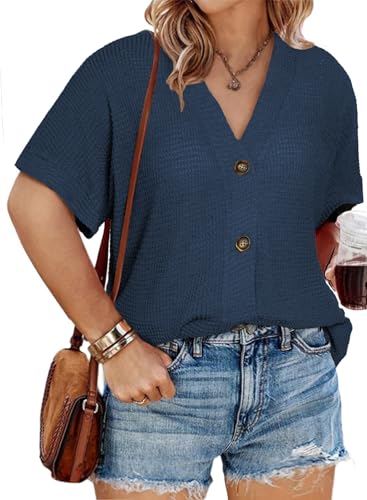 Image of Eytino Womens Plus Size Tops Casual V Neck Short Sleeve Waffle Knit Button Down Shirts(1X-5X)