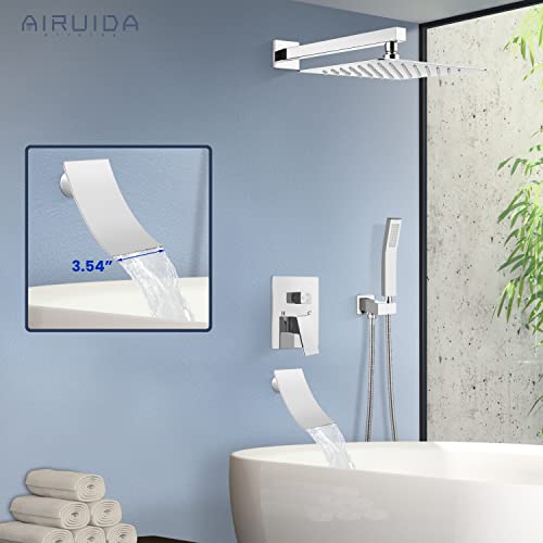 Airuida Chrome Polish Tub Shower Faucet Set Shower System With Tub Spout 3 Function Mixer Shower Faucet With Waterfall Tub Spout 10 Inch Wall Mount Rainfall Showerhead Rough-In Valve Included #TOP6