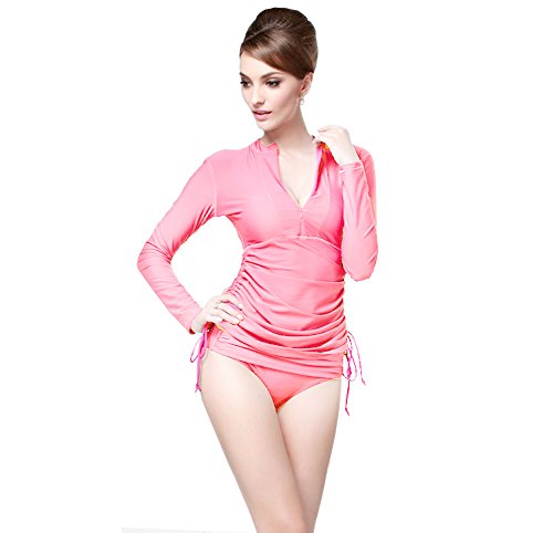 Women's Long Sleeve Rash Guard Wetsuit Swimsuit Top UV Sun Protection (901 M, Pink) - Thumbnail 5