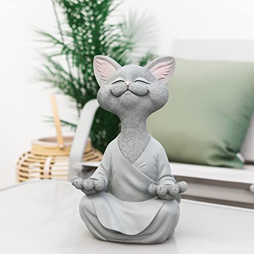 12" Whimsical Grey Cat Buddha Meditating Garden Statue Indoor Outdoor Sculpture - Happy Cat Collection - Cat Lover Gifts For Women, Yoga Gifts For Women, Decorations For Patio Yard Lawn Porch #TOP3