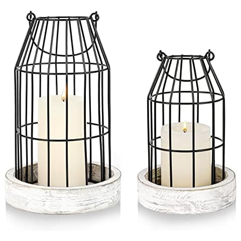 Rustic Wire Metal Cloche Set of 2 Candle Lantern Decorative Indoor Outdoor Vintage Cage Candle Holders Modern Farmhouse Decor for Fireplace Mantle Entryway Living Room Kitchen Dining Table Centerpiece Cover