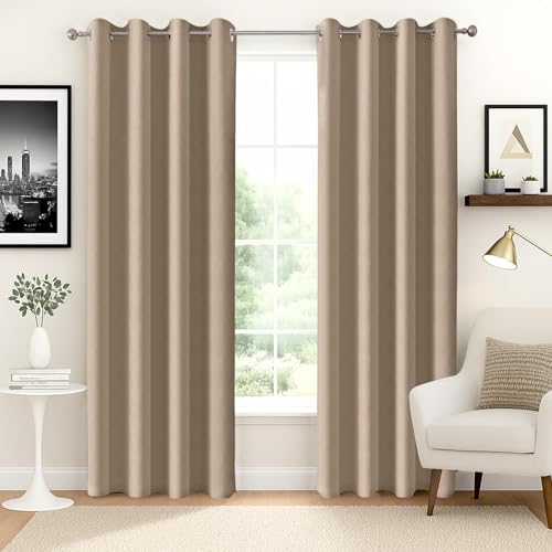 Image of HUTI Home 7 Feet Beige Window Curtains Set of 2 | Heavy 100% Blackout Polyester Eyelet Curtains | Privacy & Light Blocking | Solid Plain Design for Bedroom & Living Room (120 x 213 cm)