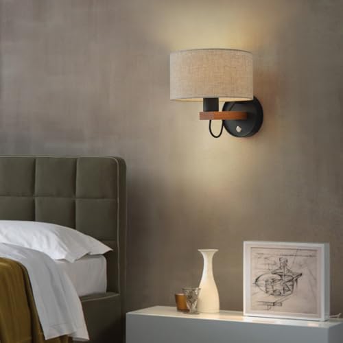 Image of Wall Mounted Bedside Lamp,Hardwired Wall Sconce with Switch,Wall Lamps for Bedroom With Fabric Shade,Vintage Wood Wall Light E26 for Living Room,Dining Room,Hallway,Stairway,Lampara para sala de Pared