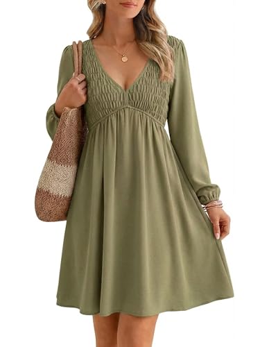 BerryGo Women's Casual Long Sleeve Babydoll Flowy Dress V Neck Swing Party Mini Dress with Pocket for Summer Beach 2025