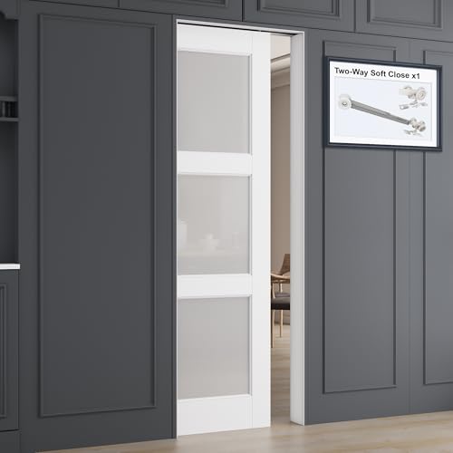 All-Inclusive Soft-Close Sliding Pocket Door 30\" x 80\" 3-Lite Frosted Glass Sliding Doors with Frame & Hardware Kit, Pocket Interior Doors for Home, White Primed