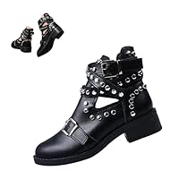 Women's Black Rivet Studded Buckle Strap Ankle Boots,Gothic Punk Cutout Block Heel Motorcycle Cowboy Combat Booties