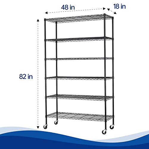 Storage Shelves 2100Lbs Capacity, 6-Shelf On Casters 48" L×18" W×72" H Commercial Wire Shelving Unit Adjustable Layer Metal Rack Strong Steel For Restaurant Garage Pantry Kitchen,Black #TOP2