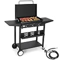 Warmounts 2-in-1 Propane Griddle, Portable Flat Top Grill with Lid, 3 Burner Stainless Steel Outdoor Griddle 24,600 BTU gas grills with Wheels&Side Shelves For Kitchen, Outdoor BBQ, Camping