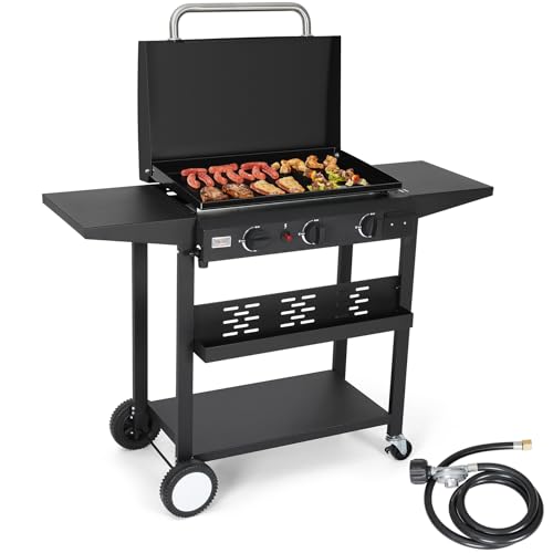 WARMOUNTS 3 Burner Propane Gas Grill, Portable Flat Top Grill with Lid, Wheels and Side Shelves,...