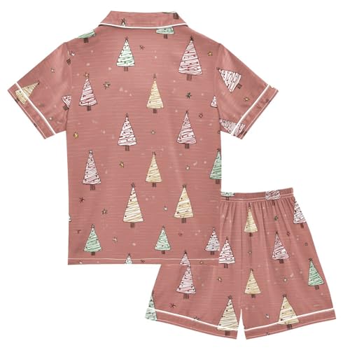 Satin Pajama Sets Short Sleeve Cute Christmas Trees Button Down Silky Nightwear 2 Piece PJS 5-14Y2