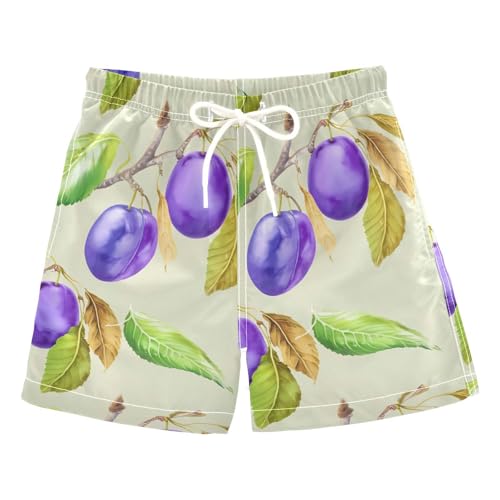 DOMIKING Plum Leaves Beige Kids' Swim Trunks with Mesh Lining Boys Swimsuits with Pockets for Swimming Hiking Quick Dry XS