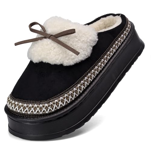 Mnking Zapatillas Casa Mujer Pantuflas Invierno Plataforma Espuma de Memoria Cálido Forro de Felpa Antideslizante Zapatos Interior y al Aire Libre con Lazo XZ8526-Black-EU44/45