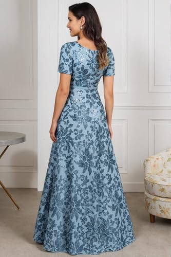 Quoriae Sequin Formal Evening Gown for Women Maxi Dress Short Sleeve A Line Mother of The Bride Dress4