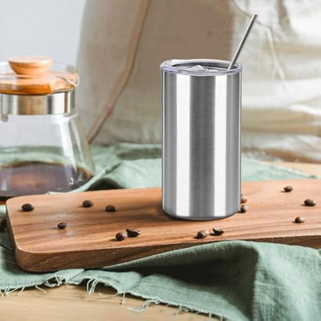 16 Pack Tumblers Blanks Bulk Skinny Straight Tumbler Stainless Steel Double Wall Insulated Water Bottles with Lid & Straw for DIY Gift, 12oz Silver