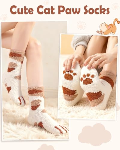 Image of Loritta 6 Pairs Womens Fuzzy Socks, Winter Warm Fluffy Slipper Socks | Cute Cat Paw Animal, Comfy Soft Thick, Plush Cozy Fabric, Microfiber House Sleeping Gifts, Stocking Stuffers Gifts