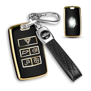 QBUC for Land Rover Key Fob Cover with KeyChain Soft TPU Gold Trim Key Case Full Protection Compatible with 2018-2023 Land Rover Range Rover Evoque Sport Vogue Discovery 5 (Black)
