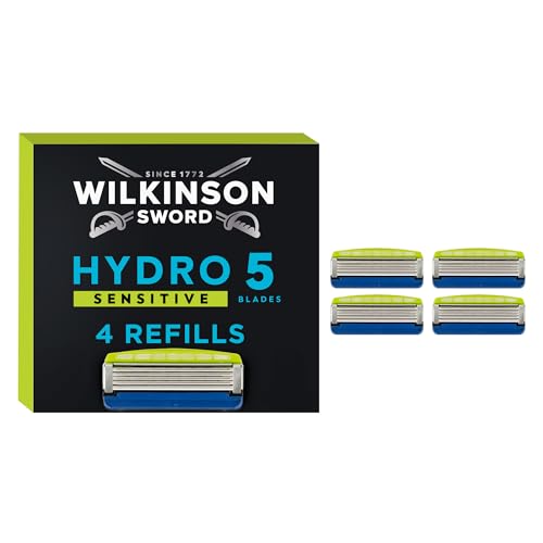 WILKINSON SWORD - Hydro 5 cuchillas de afeitar sensibles para hombres, aloe vera para reducir la irritación, gel hidratante y recortadora de precisión, paquete de 4 recambios de cuchillas de afeitar