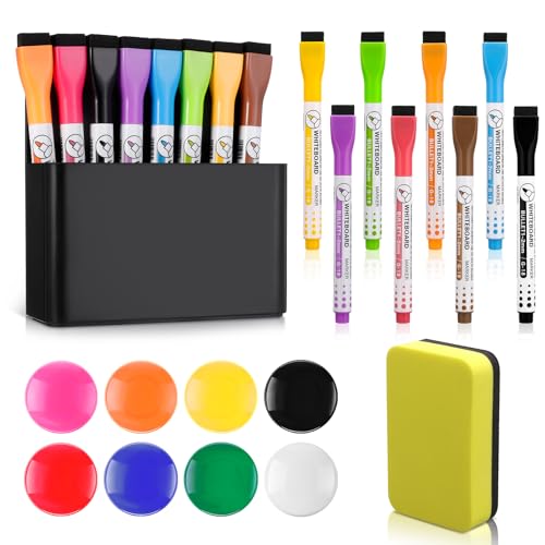 Vyuwast 18 Stück whiteboard Zubehör Set 1x Magnetischer Stiftehalter 8 x Stifte 8 x Magnete 1x Schwamm für Schule Büro Kühlschrank (Schwarz)