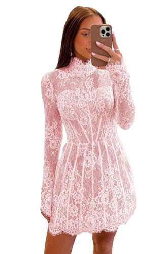 HIFICA Lace Appliques Blush Pink Homecoming Dresses with Sleeves Sheer Short 3D Flower Ruched Prom Dress Size 4