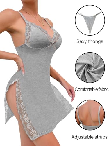 Image of Foxiny Sexy Split Side Floral Lace Trim Full Slip Night Gown Babydoll Lingerie Dress with Thong 2 piece