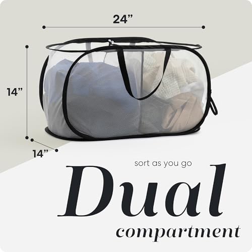Image of Foldable Laundry Basket - Popup and Collapsible, Durable Mesh Material, Folds for Storage, Easy Carry Handles - Great Hamper for College Dorm, Laundry Room or Travel (White-Black, 2-Compartments)